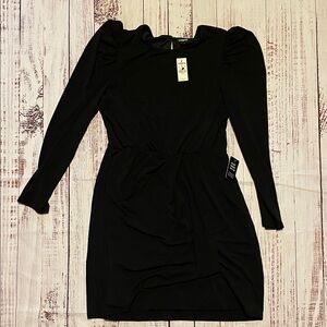 Express Black Long-Sleeve Twist-Waist Puff-Shoulder Dress